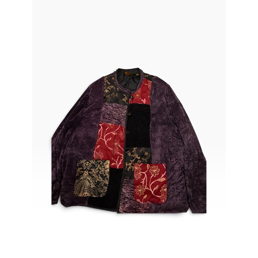 Mixed Media Patchwork Velvet Cardigan Jacket Boho Whimsical Floral Embroidery